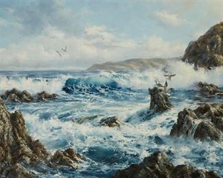 1096
Robert Wee
b. 1927, American
Crashing Waves, 1975
Oil on masonite
Signed and dated lower left: Robert Wee / 75, and with the copyright symbol
24" H x 36" W
Estimate: $500 - $700