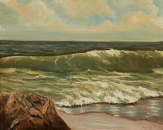 1098
John Vignari
1919-2014, New York, NY
"Restful Sea," 1955
Oil on canvas
Signed lower right: Vignari, signed again and titled on the tacking edge verso, signed again, dated and inscribed on the stretcher: Aug-55 / Riis Park Beach
16" H x 20" W
Estimate: $600 - $800