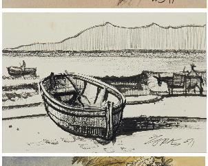 1101
Milford Zornes N.A
1908-2008, Claremont, CA
"Puerto Vallarta," 1978, "Puerto Vallarta," 1971 And "Boats On Baja Shore," 1971 (Three Works)
Watercolor on paper; watercolor on paper; ink on paper. Each under glass
Each: Signed and dated lower right: Zornes, signed again and titled on the backing board
Sight of largest: 7.5" H X 9.5" W
Estimate: $600 - $800