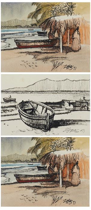 1101
Milford Zornes N.A
1908-2008, Claremont, CA
"Puerto Vallarta," 1978, "Puerto Vallarta," 1971 And "Boats On Baja Shore," 1971 (Three Works)
Watercolor on paper; watercolor on paper; ink on paper. Each under glass
Each: Signed and dated lower right: Zornes, signed again and titled on the backing board
Sight of largest: 7.5" H X 9.5" W
Estimate: $600 - $800