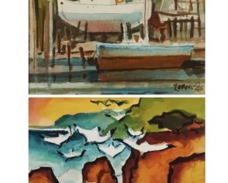 1102
Milford Zornes N.A
1908-2008, Claremont, CA
"Seashore & Gulls," 2004 And "Dry Dock At Albion," 1988 (Two Works)
Each: Watercolor on paper under glass
Each: Signed and dated along the lower edge, titled verso
Sight of largest: 9.75" H X 13" W
Estimate: $600 - $800