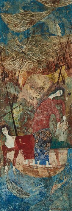 1103
Luciano Spazzali
1911-1997, Italian
"Reti," Female Figures In A Boat, 1960
Mixed media on board
Signed and dated lower right: Spazzali / 60, titled verso
33.5" H x 12" W
Estimate: $400 - $600