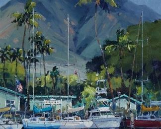 1104
Ronaldo Macedo
b. 1965, American
"Fish And Sail With Aloha"
Acrylic on canvas
Signed lower right: Macedo, signed again, titled and numbered verso: #1233, and with the copyright symbol
36" H x 24" W
Estimate: $500 - $700