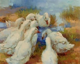 1109
Claire H. Ruby
1925-2005, American
"Curiosité," A Group Of White Ducks
Oil on canvas
Signed lower right: Ruby, titled on a gallery label affixed to the frame verso
20" H x 24" W
Estimate: $500 - $700