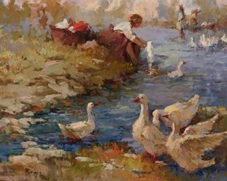 1111
Claire H. Ruby
1925-2005, American
Laundry Day With Geese
Oil on canvas
Signed lower left: Ruby
12" H x 16" W
Estimate: $500 - $700