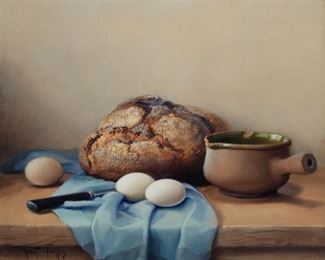 1113
Robert Chailloux
1913-2005, French
Still Life With Bread And Eggs
Oil on canvas
Signed lower left: Robert Chailloux
15" H x 18" W
Estimate: $400 - $600