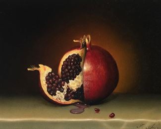 1114
Teimur Amiry
20th/21st Century, Iranian
Pomegranate Still Life
Oil on canvas
Signed lower right: T. Amiry
9.5" H x 12" W
Estimate: $1,000 - $1,500