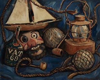 1117
Donna Schuster
1883-1953, Los Angeles, CA
Nautical Still Life
Oil on canvas
Signed lower right: Donna Schuster, signed again verso
25.25" H x 30" W
Estimate: $500 - $700