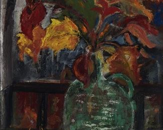 1118
Sara Berman Beach
1890-1978, American
Floral Still Life In Green Jug
Oil on canvas
Signed lower right: S. Berman Beach
24" H x 18" W
Estimate: $600 - $900