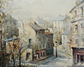 1125
Lucien Delarue
1925-2011, French
"Rue De Belleville, Paris"
Oil on canvas
Signed lower right: DeLarue, signed again, titled and numbered verso: BF-2190
18.25" H x 21.75" W
Estimate: $500 - $700