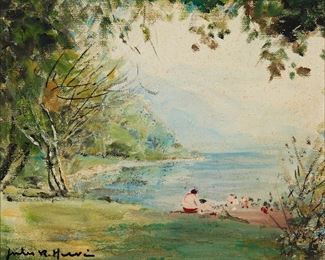 1123
Jules Rene Herve
1887-1981, French
Figures By A Lakeside
Oil on canvas
Signed lower left: Jules R. Herve, signed again verso
8.75" H x 10.75" W
Estimate: $500 - $800