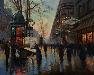 1128
Henri Alexis Schaeffer
1900-1975, French
Parisian Street Corner At Dusk, 1961
Oil on canvas
Signed and dated lower right: H. Schaeffer
19.5" H x 25.5" W
Estimate: $500 - $700