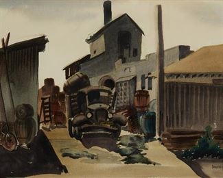 1131
Dorothy Sklar
1906-1996, Los Angeles, CA
Truck In A Brewery, 1944
Watercolor on paper under glass
Signed and dated lower right: Dorothy Sklar / 44, and with the copyright symbol
Sight: 13" H x 19.25" W
Estimate: $300 - $500
