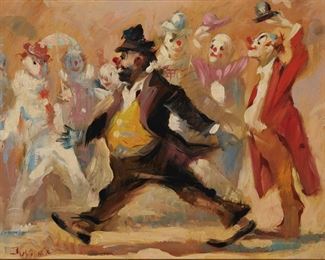 1132
Julian Ritter
1909-2000, German/American
A Group Of Clowns
Oil on masonite
Signed lower left: Julian, signed again on an artist's label affixed verso
11" H x 14" W
Estimate: $300 - $500