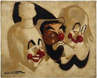 1134
Chuck Oberstein
1935-2002, Californian
"Three Clowns" And "Sad Clowns" (Two Works)
Each: Oil on canvas <br /> <br /> <br /> "Sad Clown" <br /> Oil on canvas <br /> Signed lower right: Chuck Oberstein
Each: Signed lower left: Chuck Oberstein
Largest: 16" H x 20" W
Estimate: $300 - $500