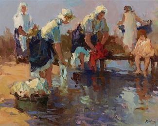 1138
Claire Ruby
1925-2005, American
"Monday Social" Women Washing Clothes In The River
Oil on canvas
Signed lower right: Ruby, signed again, inscribed verso: "All Reproduction Rights are Retained by the Artist," titled on a tag hanging from the wire
12" H x 16" W
Estimate: $400 - $600