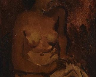 1142
Moses Soyer
1899-1974, New York
Seated Nude
Oil on canvasboard
Signed lower left: M. Soyer
10" H x 8" W
Estimate: $800 - $1,200