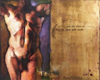 1148
Jim Morphesis
b. 1948, American
"For Cesar Vallejo," 1992
Oil, Charcoal, Collage and Gold Leaf on attached wood panels
Signed lower center: Morphesis, titled on an artist's label affixed verso, inscribed right center: "Well, on the day I was born God was sick"
30" H x 36" W
Estimate: $400 - $600