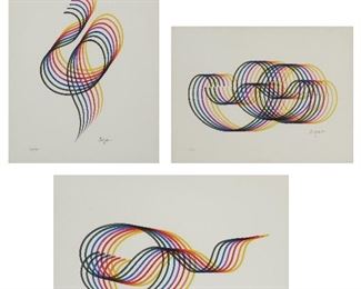 1168
Yaacov Agam
b. 1928, Israeli
"Swirls I," 1984 "Swirls II," 1984 And "Swirls Suite" (Three Works)
Each: Serigraph on paper under glass
The first: Edition 163/270, signed lower right: Agam, numbered lower left, and with the blindstamp for Martin Lawrence Limited Editions
The second: Edition 154/270, signed lower right: Agam, numbered lower left, and with the blindstamp for Martin Lawrence Limited Editions
The third: Edition H.C., signed lower right: Agam, editioned lower left
Sight of the largest: 10" H x 13" W
Estimate: $500 - $700