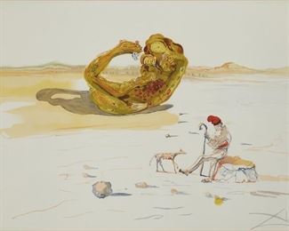 1173
Salvador Dali
1904-1989, Spanish
"Desert Watch, From Time," 1976
Lithograph in colors on Arches paper under glass
Edition 204/250, signed lower right: Dali, numbered and with artist's copyright stamp lower left
Sight: 20" H x 29.5" W
Estimate: $700 - $1,000