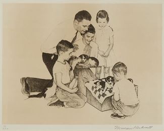 1179
Norman Rockwell
1894-1978, Stockbridge, MA
"Puppies," 1973 And "Welcome Mat," 1973, (Two Works)
Each: Lithograph on paper under Plexiglas
Edition of first: 73/200; edition of second:144/200, each: signed lower right: Norman Rockwell, each editioned lower left
Sight of first: 14.5" H x 18.75" W; sight of second: 19" H x 14.5" W
Estimate: $800 - $1,200