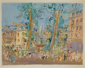 1183
Jean Dufy
1888-1964, French
"Fête Champêtre (Garden Party)"
Lithograph in colors on paper under glass, Guilde Internationale de la Gravure, Paris, pub.
Edition 137/220, signed in pencil lower right: Jean Dufy, numbered in pencil and blindstamped lower left
Sight: 21.5" H x 27" W; Image: 19" H x 25" W
Estimate: $400 - $600