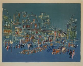 1184
Jean Dufy
1888-1964, French
"Place Pigalle-La Nuit," 1960
Lithograph in colors on Rives paper under glass
Edition 114/225, signed in pencil lower right: Jean Dufy, numbered in pencil and blindstamped lower left
Sight: 21.5" H x 27.5" W; Sheet: 22.25" H x 30" W
Estimate: $400 - $600