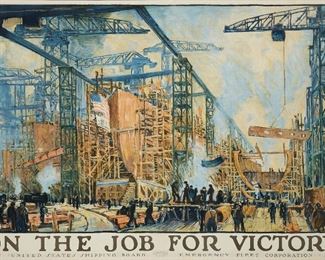 1186
Jonas Lie
1880-1940, Norwegian/American
"On The Job For Victory," 1918
Poster on paper under Plexiglas, W.F. Powers Co., New York, pub.
Signed lower left: Jonas Lie
Sight: 38.75" H x 54.5
Estimate: $400 - $600