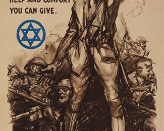1187
Sidney Riesenberg
1885-1971, American
"Civilians, The Jewish Welfare Board"
Poster on paper laid to paper under Plexiglas
Signed lower center: Sidney H. Riesenberg
33.25" H x 21" W
Estimate: $200 - $300