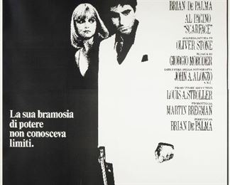 1197
"Al Pacino Scarface"
Movie poster Italian release, 1983
Poster on paper under Plexiglas
Directed by Brian DePalma
Sight: 73.25" H x 50" W
Estimate: $200 - $300