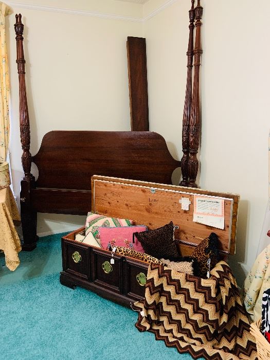 ~queen size four poster mahogany rice bed by Link-Taylor furniture corp. (a real beauty!) ~Asian style Lane cedar lined chest with key 