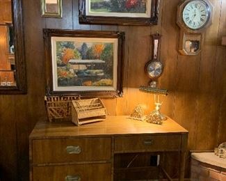 Dixie Furniture mid century modern campaign style desk,       and museum quality signed, numbered, framed prints by Artist Kent Wallace
