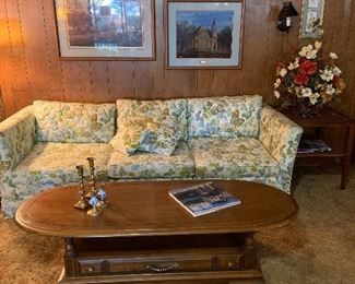 Walnut oval coffee table, vintage couch