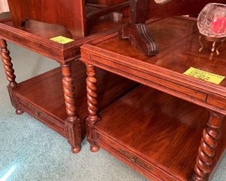 Hekman end tables with burled top and barley twist posts 