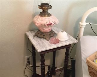 Cherry accent table with marble top, wonderful antique lamp