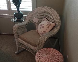 Vintage wicker rocking chair, pink wicker stool, cushions