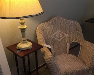 Vintage wicker side chair, cherry accent table, table lamp