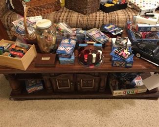 Vintage coffee table, games, puzzles, cars, blocks