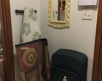 Rug, ironing board and 4 comfortable folding chairs, vintage mirror