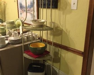 Metal corner folding shelving unit, bowls, vintage china, old ice cream churn