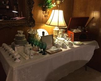 Christmas china, vintage steak knives, vintage ice buckets, Lamp, Crosley record player and radio