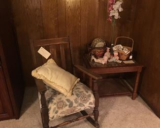 Antique rocking chair, vintage side table