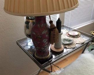Gorgeous Pair of Pink Chinese Lamps - mirrored side table