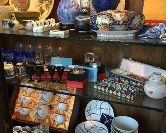 #23 Cloisonne, beautiful Chinese tea sets and bowls, chopstick holders, napkin rings, liquor glasses, Elizabeth glass items, wonderful vases
