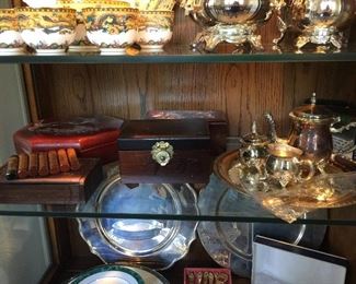 #30 Inlay jewelry boxes, small silver plate tea set, and silver plate under plates