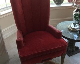 #35 Vintage high back arm chair with wood details