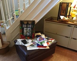 Faux leather foot stool, wonder art work, kites and lanterns