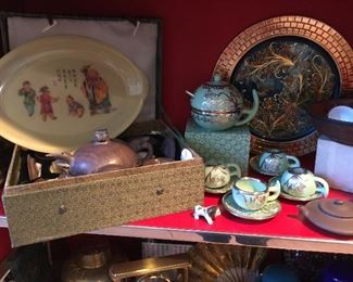 Soap stone tea set, Yixing tea pots and cups, green with silver detail tea set, metal plate