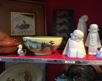 Yixing tea pot, statuary, hand painted bowl, hand painted tile framed