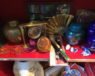 Brass, ginger jars, art, chopsticks, small ceramic animals, wood carved Buddha 